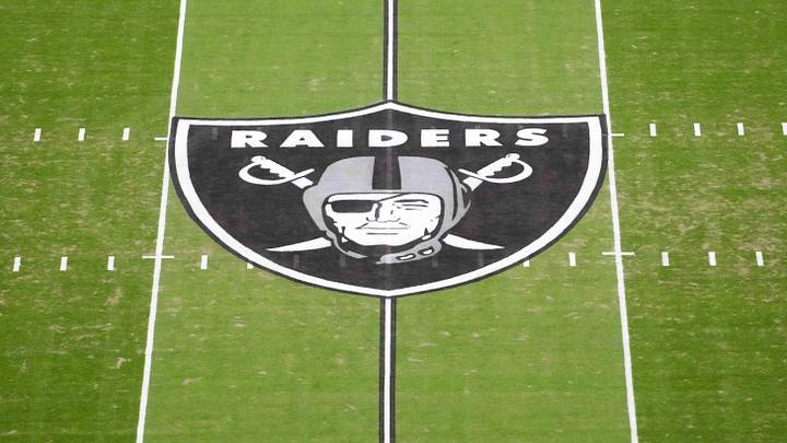 Jan 4, 2026; Paradise, Nevada, USA; The Las Vegas Raiders shield logo at midfield at Allegiant Stadium. Mandatory Credit: Kirby Lee-Imagn Images Jan 4, 2026; Paradise, Nevada, USA; The Las Vegas Raiders shield logo at midfield at Allegiant Stadium. Mandatory Credit: Kirby Lee-Imagn Images