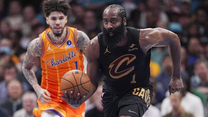 Feb 20, 2026; Charlotte, North Carolina, USA; Cleveland Cavaliers guard James Harden (1) dribbles against Charlotte Hornets guard LaMelo Ball (1) during the second quarter at the Spectrum Center. Mandatory Credit: Jim Dedmon-Imagn Images Feb 20, 2026; Charlotte, North Carolina, USA; Cleveland Cavaliers guard James Harden (1) dribbles against Charlotte Hornets guard LaMelo Ball (1) during the second quarter at the Spectrum Center. Mandatory Credit: Jim Dedmon-Imagn Images