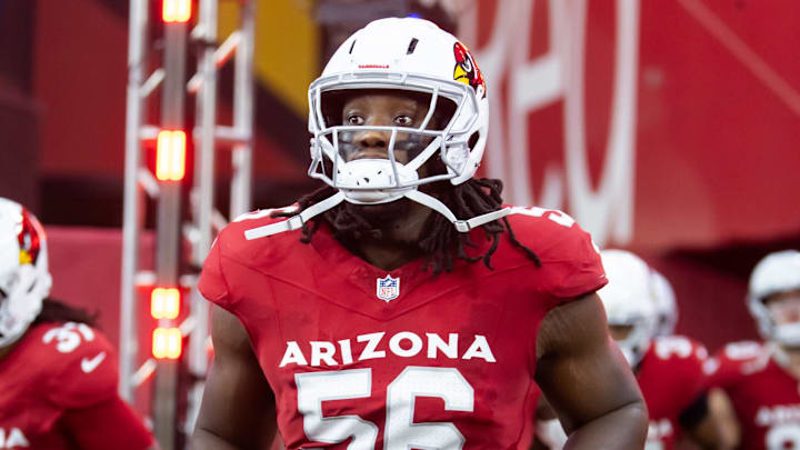 Aug 10, 2024; Glendale, Arizona, USA; Arizona Cardinals defensive end Darius Robinson (56) against the New Orleans Saints during a preseason NFL game at State Farm Stadium. Mandatory Credit: Mark J. Rebilas-Imagn Images
Aug 10, 2024; Glendale, Arizona, USA; Arizona Cardinals defensive end Darius Robinson (56) against the New Orleans Saints during a preseason NFL game at State Farm Stadium. Mandatory Credit: Mark J. Rebilas-Imagn Images