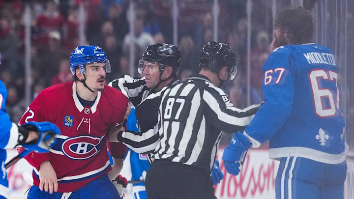 Jan 29, 2026; Montreal, Quebec, CAN; Montreal Canadiens defenseman Arber Xhekaj (72) fights with Colorado Avalanche defenseman Keaton Middleton (67) during the third period at the Bell Centre. Mandatory Credit: Eric Bolte-Imagn Images Jan 29, 2026; Montreal, Quebec, CAN; Montreal Canadiens defenseman Arber Xhekaj (72) fights with Colorado Avalanche defenseman Keaton Middleton (67) during the third period at the Bell Centre. Mandatory Credit: Eric Bolte-Imagn Images