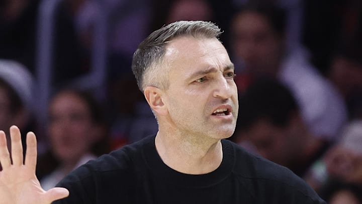 Toronto Raptors head coach Darko Rajakovic reacts against the Miami Heat during the second half at Kaseya Center. Toronto Raptors head coach Darko Rajakovic reacts against the Miami Heat during the second half at Kaseya Center.