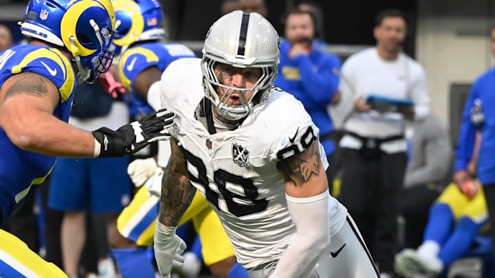 Oct 20, 2024; Inglewood, California, USA; Las Vegas Raiders defensive end Maxx Crosby (98) during the third quarter against the Los Angeles Rams at SoFi Stadium. Mandatory Credit: Robert Hanashiro-Imagn Images