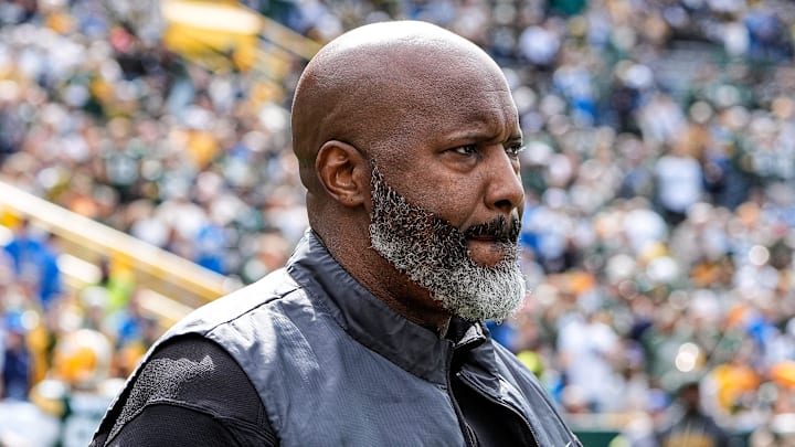 Detroit Lions general manager Brad Holmes watches warmups in the season opener in Week 1 at Lambeau Field in Green Bay, Wis., on Sunday, September 7, 2025.
