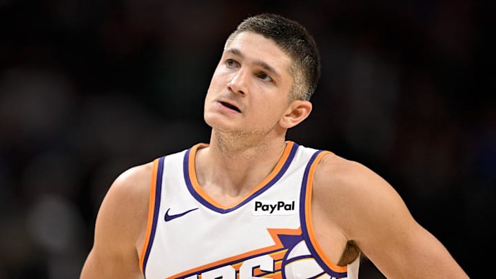 Nov 12, 2025; Dallas, Texas, USA; Phoenix Suns guard Grayson Allen (8) looks on during the second half against the Dallas Mavericks at the American Airlines Center. Mandatory Credit: Jerome Miron-Imagn Images