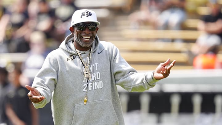 Colorado Buffaloes head coach Deion Sanders before the game against the Delaware Fightin’ Blue Hens at Folsom Field.