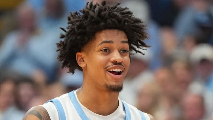 Dec 7, 2025; Chapel Hill, North Carolina, USA;  North Carolina Tar Heels forward Jonathan Powell (11) reacts after hitting a three point shot in the second half at Dean E. Smith Center. Mandatory Credit: Bob Donnan-Imagn Images
