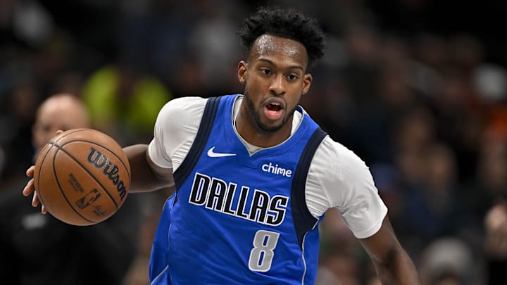 Feb 10, 2025; Dallas, Texas, USA; Dallas Mavericks forward Olivier-Maxence Prosper (8) brings the ball up court against the Sacramento Kings during the second quarter at the American Airlines Center. Mandatory Credit: Jerome Miron-Imagn Images
