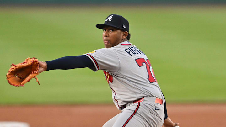 Apr 22, 2026; Washington, District of Columbia, USA;  Atlanta Braves pitcher Didier Fuentes (72) pitches in the second inning against the Washington Nationals at Nationals Park. Mandatory Credit: Jamie Sabau-Imagn Images