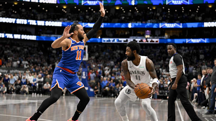 Nov 27, 2024; Dallas, Texas, USA; New York Knicks guard Jalen Brunson (11) and Dallas Mavericks guard Kyrie Irving (11) in action during the game between the Dallas Mavericks and the New York Knicks at the American Airlines Center. Mandatory Credit: Jerome Miron-Imagn Images Nov 27, 2024; Dallas, Texas, USA; New York Knicks guard Jalen Brunson (11) and Dallas Mavericks guard Kyrie Irving (11) in action during the game between the Dallas Mavericks and the New York Knicks at the American Airlines Center. Mandatory Credit: Jerome Miron-Imagn Images