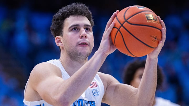 Dec 22, 2025; Chapel Hill, North Carolina, USA; North Carolina Tar Heels guard Luka Bogavac (44) lines up a free throw during the second half against the East Carolina Pirates at Dean E. Smith Center. Mandatory Credit: Scott Kinser-Imagn Images