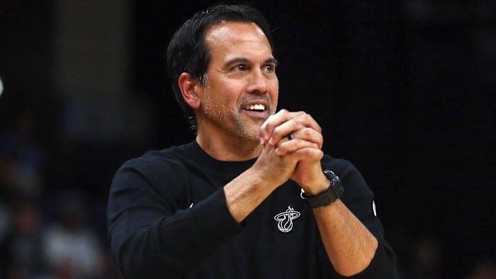 Oct 24, 2025; Memphis, Tennessee, USA; Miami Heat head coach Erik Spoelstra reacts during the fourth quarter against the Memphis Grizzlies at FedExForum. Mandatory Credit: Petre Thomas-Imagn Images Oct 24, 2025; Memphis, Tennessee, USA; Miami Heat head coach Erik Spoelstra reacts during the fourth quarter against the Memphis Grizzlies at FedExForum. Mandatory Credit: Petre Thomas-Imagn Images