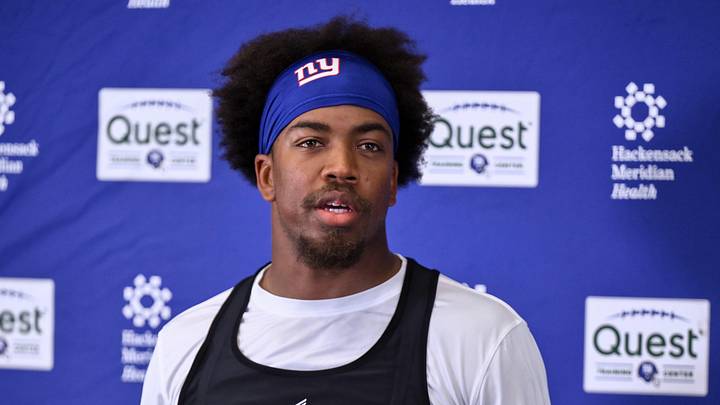 May 21, 2026; East Rutherford, NJ, USA; New York Giants safety Jevon Holland (8) speaks at a press conference during organized team activities at Quest Diagnostics Training Center. May 21, 2026; East Rutherford, NJ, USA; New York Giants safety Jevon Holland (8) speaks at a press conference during organized team activities at Quest Diagnostics Training Center.
