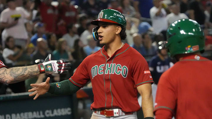 Mexico's Alek Thomas (5) celebrates with his teammate Alex Verdugo (27) as he scores a run against the USA during the World Baseball Classic at Chase Field in Phoenix on March 12, 2023.
Baseball World Baseball Classic Day 2 Mexico's Alek Thomas (5) celebrates with his teammate Alex Verdugo (27) as he scores a run against the USA during the World Baseball Classic at Chase Field in Phoenix on March 12, 2023.
Baseball World Baseball Classic Day 2