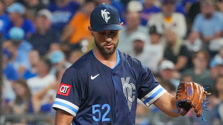 Jul 11, 2025; Kansas City, Missouri, USA; Kansas City Royals starting pitcher Michael Wacha (52) reacts after walking in a run against the New York Mets in the third inning at Kauffman Stadium. Mandatory Credit: Denny Medley-Imagn Images