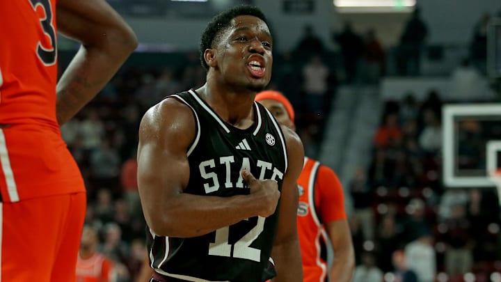 Mississippi State Bulldogs guard Josh Hubbard (12) reacts during the final seconds of the second half against the Auburn Tigers at Humphrey Coliseum.