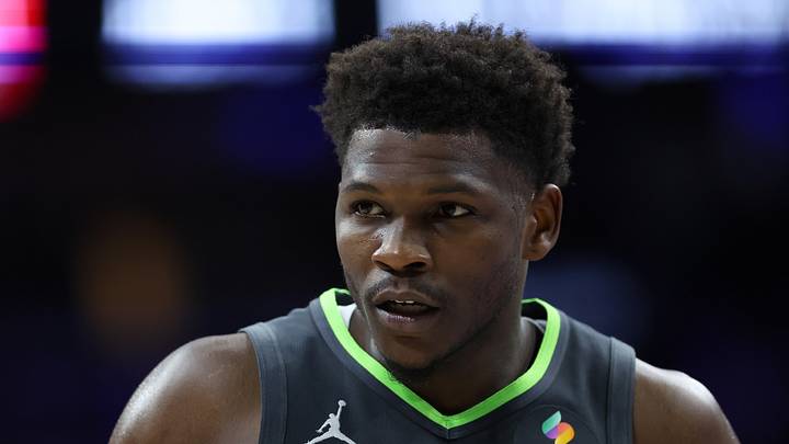 Apr 3, 2026; Philadelphia, Pennsylvania, USA; Minnesota Timberwolves guard Anthony Edwards (5) looks on against the Philadelphia 76ers during the second quarter at Xfinity Mobile Arena. Mandatory Credit: Bill Streicher-Imagn Images