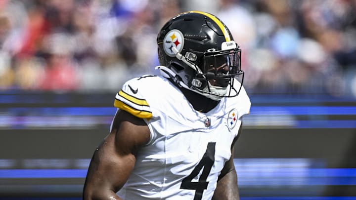 Sep 21, 2025; Foxborough, Massachusetts, USA; Pittsburgh Steelers wide receiver Dk Metcalf (4) reacts after tochdown during the first quarter at Gillette Stadium. Mandatory Credit: Brian Fluharty-Imagn Images