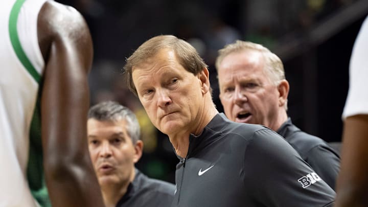 Oregon head coach Dana Altman looks on during a timeout as the Oregon Ducks host the Hawaii Rainbow Warriors on Nov. 4, 2025, at Matthew Knight Arena in Eugene, Oregon.