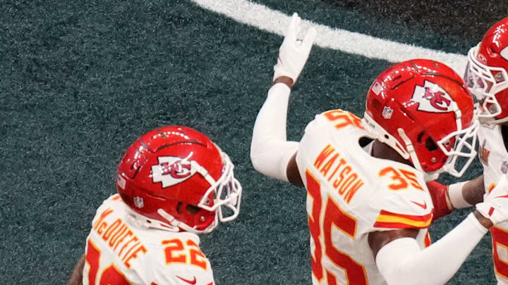 Kansas City Chiefs cornerback Jaylen Watson (35) and cornerback Trent McDuffie Mandatory Credit: Kirby Lee-Imagn Images