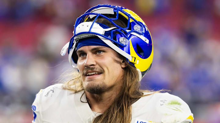 Nov 26, 2023; Glendale, Arizona, USA; Los Angeles Rams linebacker Christian Rozeboom (56) against the Arizona Cardinals at State Farm Stadium. Mandatory Credit: Mark J. Rebilas-Imagn Images Nov 26, 2023; Glendale, Arizona, USA; Los Angeles Rams linebacker Christian Rozeboom (56) against the Arizona Cardinals at State Farm Stadium. Mandatory Credit: Mark J. Rebilas-Imagn Images