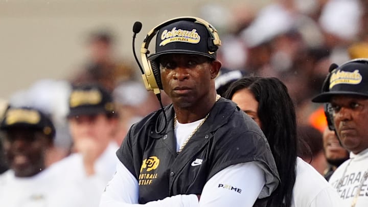 Colorado Buffaloes head coach Deion Sanders on the sidelines in the second quarter against the Georgia Tech Yellow Jackets at Folsom Field. 