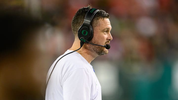 Oct 12, 2024; Eugene, Oregon, USA; Oregon Ducks head coach Dan Lanning on the sidelines during the third quarter against the Ohio State Buckeyes at Autzen Stadium. Mandatory Credit: Craig Strobeck-Imagn Images