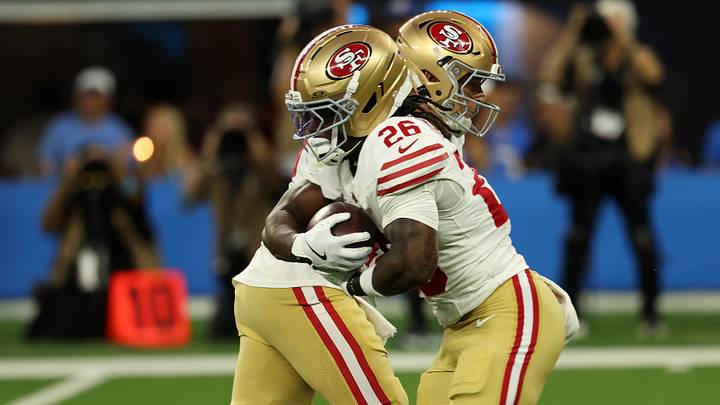 Aug 20, 2026; Inglewood, California, USA; San Francisco 49ers running back Kaelon Black (26) is handed ball off from quarterback Mac Jones (10) during the first quarter against the Los Angeles Chargers at SoFi Stadium. Mandatory Credit: Kiyoshi Mio-Imagn Images Aug 20, 2026; Inglewood, California, USA; San Francisco 49ers running back Kaelon Black (26) is handed ball off from quarterback Mac Jones (10) during the first quarter against the Los Angeles Chargers at SoFi Stadium. Mandatory Credit: Kiyoshi Mio-Imagn Images