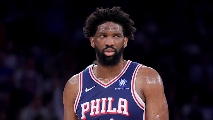 May 4, 2026; New York, New York, USA; Philadelphia 76ers center Joel Embiid (21) reacts during the first quarter of game one of the eastern conference semifinal round of the 2026 NBA Playoffs against the New York Knicks at Madison Square Garden. Mandatory Credit: Brad Penner-Imagn Images