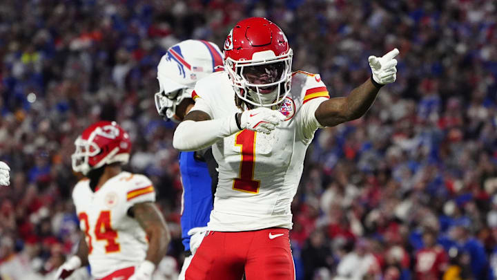 Nov 17, 2024; Orchard Park, New York, USA; Kansas City Chiefs wide receiver Xavier Worthy (1) signals a first down against the Buffalo Bills during the first half at Highmark Stadium. Mandatory Credit: Gregory Fisher-Imagn Images