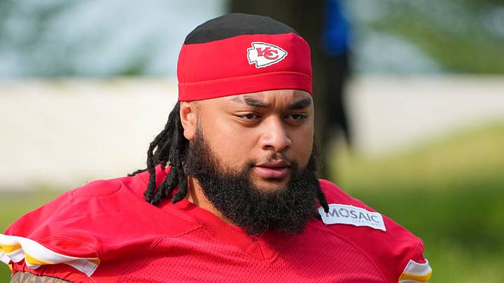 Jul 29, 2026; St. Joseph, MO, USA; Kansas City Chiefs offensive lineman Esa Pole (79) walks down the hill to the practice fields during training camp at Missouri Western State University. Mandatory Credit: Denny Medley-Imagn Images