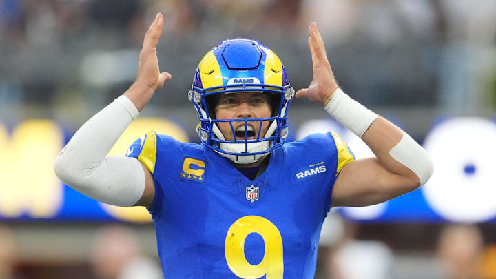 Dec 14, 2025; Inglewood, California, USA; Los Angeles Rams quarterback Matthew Stafford (9) calls a play during the third quarter against the Detroit Lions at SoFi Stadium. Mandatory Credit: Kirby Lee-Imagn Images