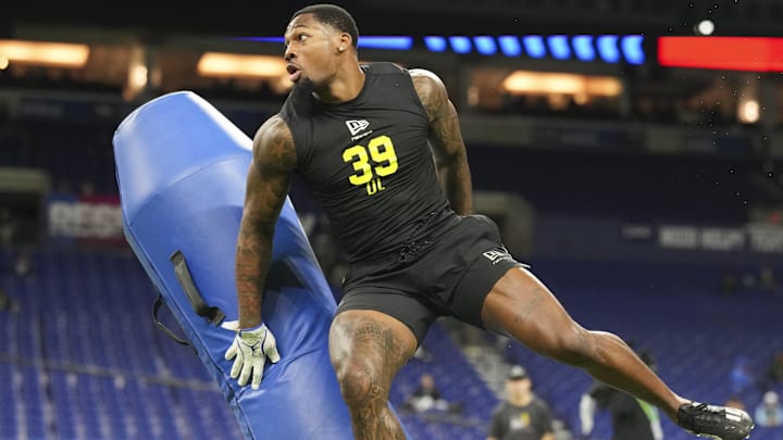 Florida Gators defensive lineman George Gumbs during the NFL Scouting Combine  at Lucas Oil Stadium.