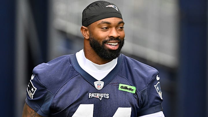 Jun 9, 2025; Foxborough, MA, USA; New England Patriots linebacker K'Lavon Chaisson (44) walks to the practice fields at Gillette Stadium. Mandatory Credit: Eric Canha-Imagn Images