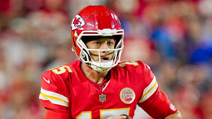 Oct 12, 2025; Kansas City, Missouri, USA; Kansas City Chiefs quarterback Patrick Mahomes (15) rolls out to pass during the first half against the Detroit Lions at GEHA Field at Arrowhead Stadium. Mandatory Credit: Jay Biggerstaff-Imagn Images Oct 12, 2025; Kansas City, Missouri, USA; Kansas City Chiefs quarterback Patrick Mahomes (15) rolls out to pass during the first half against the Detroit Lions at GEHA Field at Arrowhead Stadium. Mandatory Credit: Jay Biggerstaff-Imagn Images