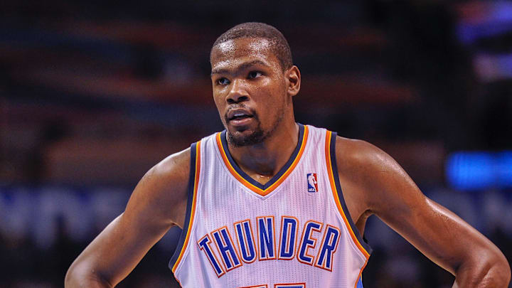 Dec 14, 2012; Oklahoma City, OK, USA; Oklahoma City Thunder small forward Kevin Durant (35) waits for play to resume during the game against the Sacramento Kings at the Chesapeake Energy Arena. The Thunder defeated the Kings 113-103. Mandatory Credit: Jerome Miron-Imagn Images