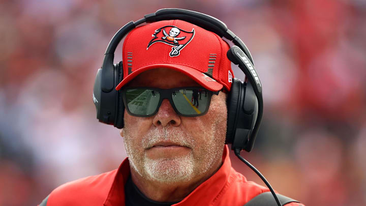 Jan 16, 2022; Tampa, Florida, USA; Tampa Bay Buccaneers head coach Bruce Arians against the Philadelphia Eagles during the first half in a NFC Wild Card playoff football game at Raymond James Stadium. Mandatory Credit: Kim Klement-Imagn Images