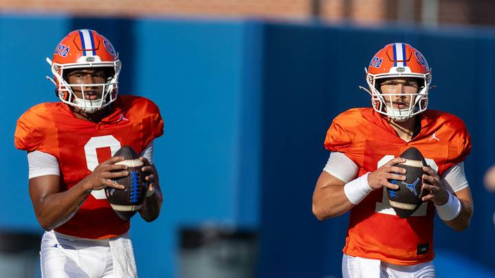 Florida quarterbacks Tramell Jones Jr. (9) and Aaron Philo (12) are competing to be the team's starter. Florida quarterbacks Tramell Jones Jr. (9) and Aaron Philo (12) are competing to be the team's starter.