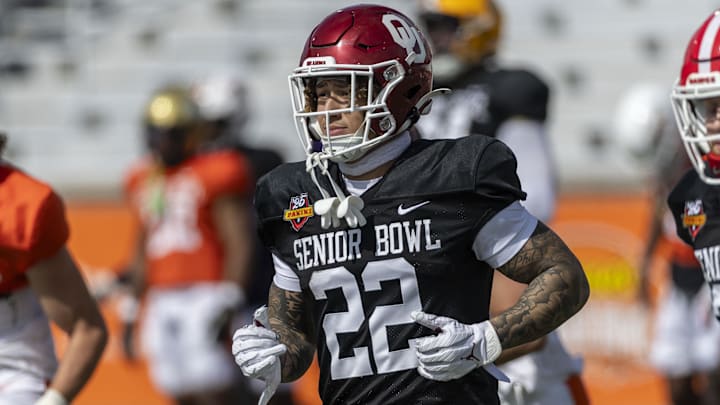 Jan 29, 2025; Mobile, AL, USA; American team defensive back Billy Bowman Jr. of Oklahoma (22) runs through drills during Senior Bowl practice at Hancock Whitney Stadium. Mandatory Credit: Vasha Hunt-Imagn Images