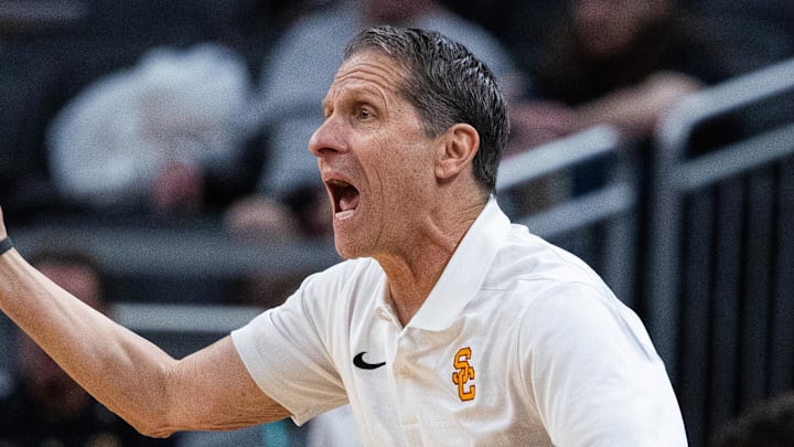 Mar 12, 2025; Indianapolis, IN, USA;  USC Trojans head coach Eric Musselman in the second half against the Rutgers Scarlet Knights at Gainbridge Fieldhouse. Mandatory Credit: Trevor Ruszkowski-Imagn Images