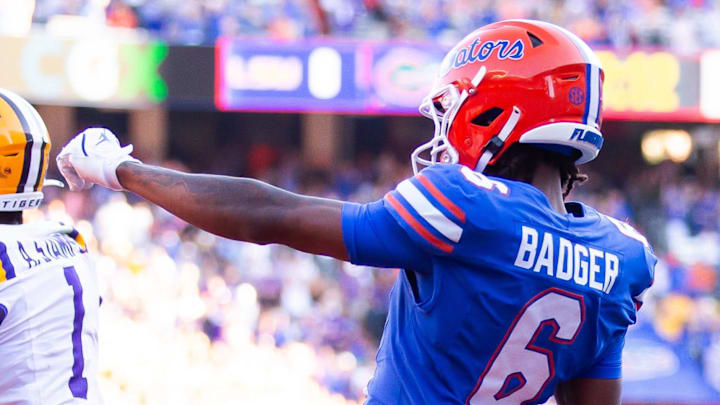 Florida Gators wide receiver Elijhah Badger (6) celebrates with teammate Florida Gators offensive lineman Knijeah Harris (77) after hauling in a pass over LSU Tigers cornerback Ashton Stamps (1) to score a touchdown during the first half at Ben Hill Griffin Stadium in Gainesville, FL on Saturday, November 16, 2024. [Doug Engle/Gainesville Sun]