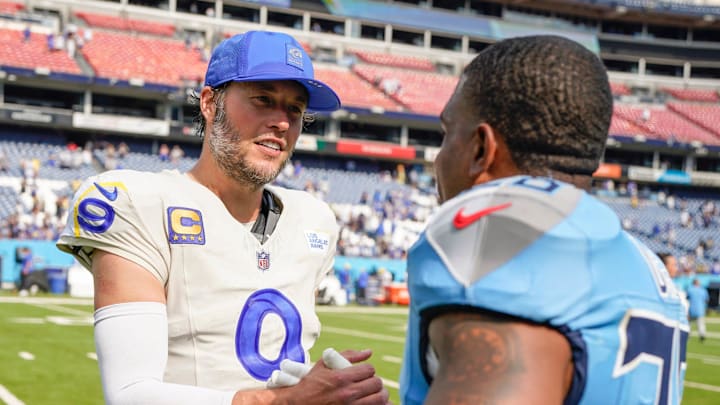Los Angeles Rams quarterback Matthew Stafford (9) and Tennessee Titans safety Quandre Diggs (28) shake hands after the Titans’ 33-19 loss to the Rams at Nissan Stadium in Nashville, Tenn., Sunday, Sept. 14, 2025. Los Angeles Rams quarterback Matthew Stafford (9) and Tennessee Titans safety Quandre Diggs (28) shake hands after the Titans’ 33-19 loss to the Rams at Nissan Stadium in Nashville, Tenn., Sunday, Sept. 14, 2025.