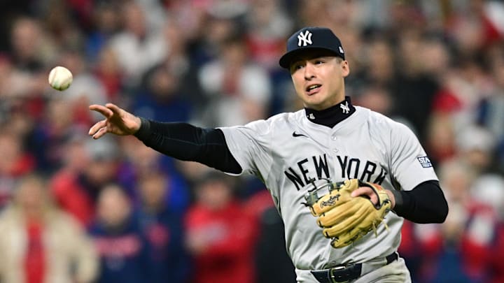 New York Yankees shortstop Anthony Volpe throws a ball during an ALCS game.