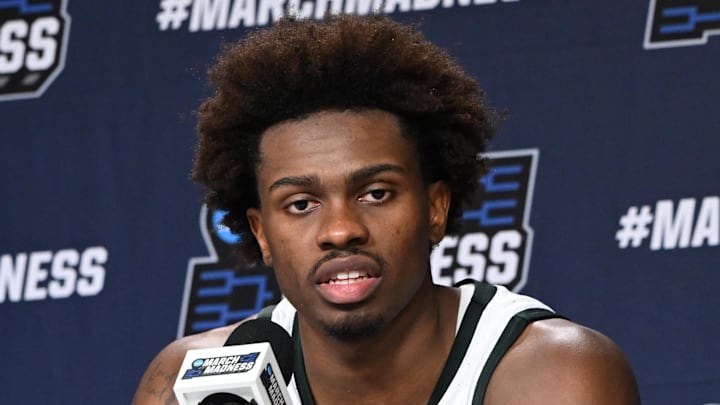 Mar 21, 2026; Buffalo, NY, USA; Michigan State Spartans forward Coen Carr (55) speaks with media after a second round game of the men's 2026 NCAA Tournament against the Louisville Cardinals at Keybank Center.