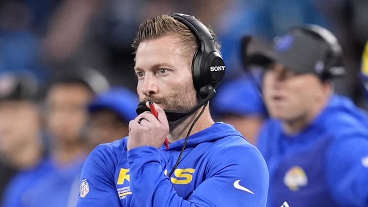 Jan 10, 2026; Charlotte, NC, USA; Los Angeles Rams head coach Sean McVay in the first half during the NFC Wild Card Round game at Bank of America Stadium. Mandatory Credit: Jim Dedmon-Imagn Images