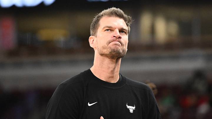 Oct 9, 2026; Chicago, Illinois, USA;  Chicago Bulls head coach Tiago Splitter looks on against the Memphis Grizzlies during the second half at United Center.  Mandatory Credit: Matt Marton-Imagn Images