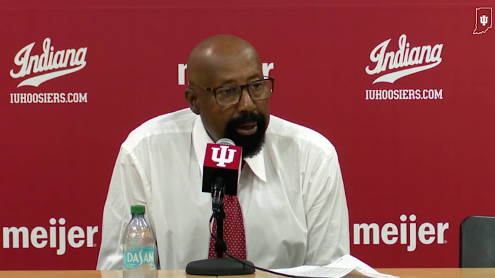 Indiana coach Mike Woodson talks with the media after Wednesday night's win over SIU-Edwardsville.