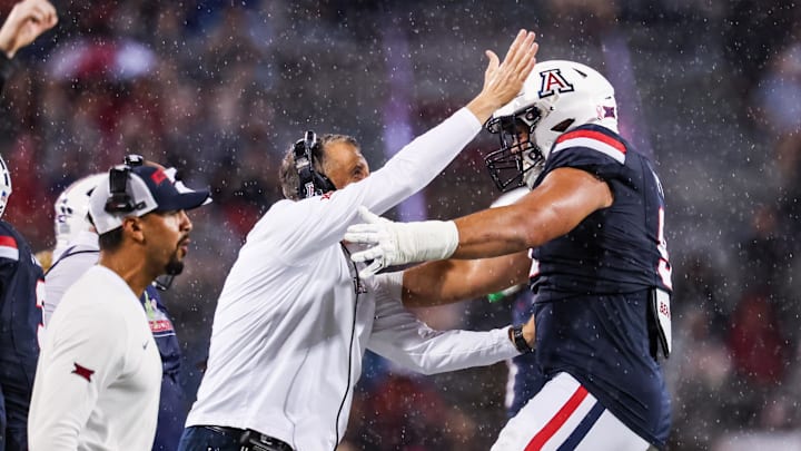 Oct 11, 2025; Tucson, Arizona, USA; Arizona Wildcats head coach Brent Brennan celebrates a blocked field goal during the second quarter of the game against the Brigham Young Cougars at Arizona Stadium. Mandatory Credit: Aryanna Frank-Imagn Images