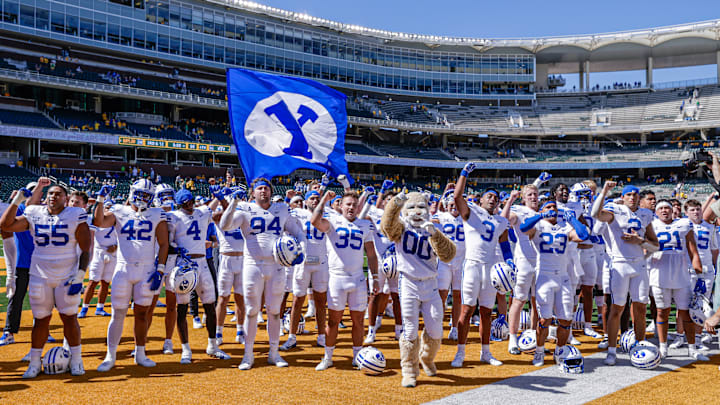 BYU football celebrates a win over Baylor