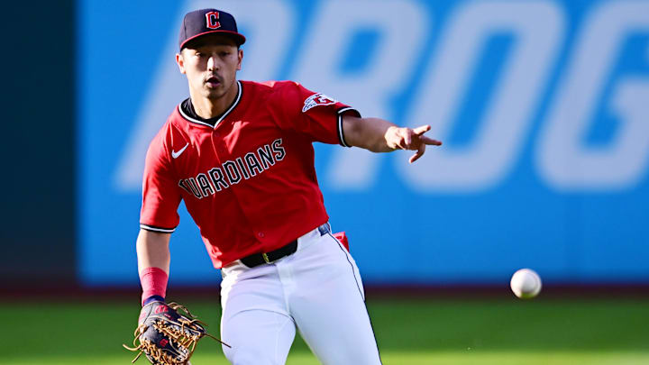 May 10, 2025; Cleveland, Ohio, USA; Cleveland Guardians left fielder Steven Kwan (38) fields a ball hit by Philadelphia Phillies designated hitter Kyle Schwarber (not pictured) during the fourth inning at Progressive Field. Mandatory Credit: Ken Blaze-Imagn Images