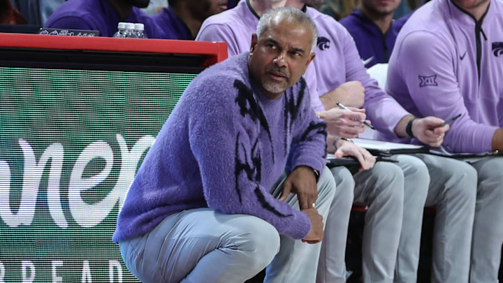 Dec 7, 2024; Queens, New York, USA;  Kansas State Wildcats head coach Jerome Tang  at Carnesecca Arena. Mandatory Credit: Wendell Cruz-Imagn Images